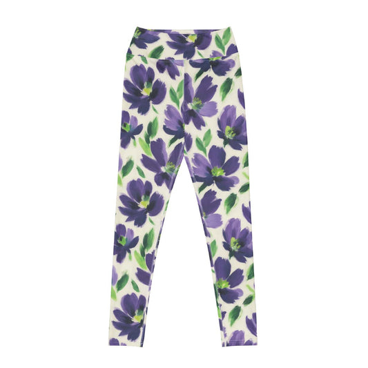 Leggings with purple floral pattern on a white background front view
