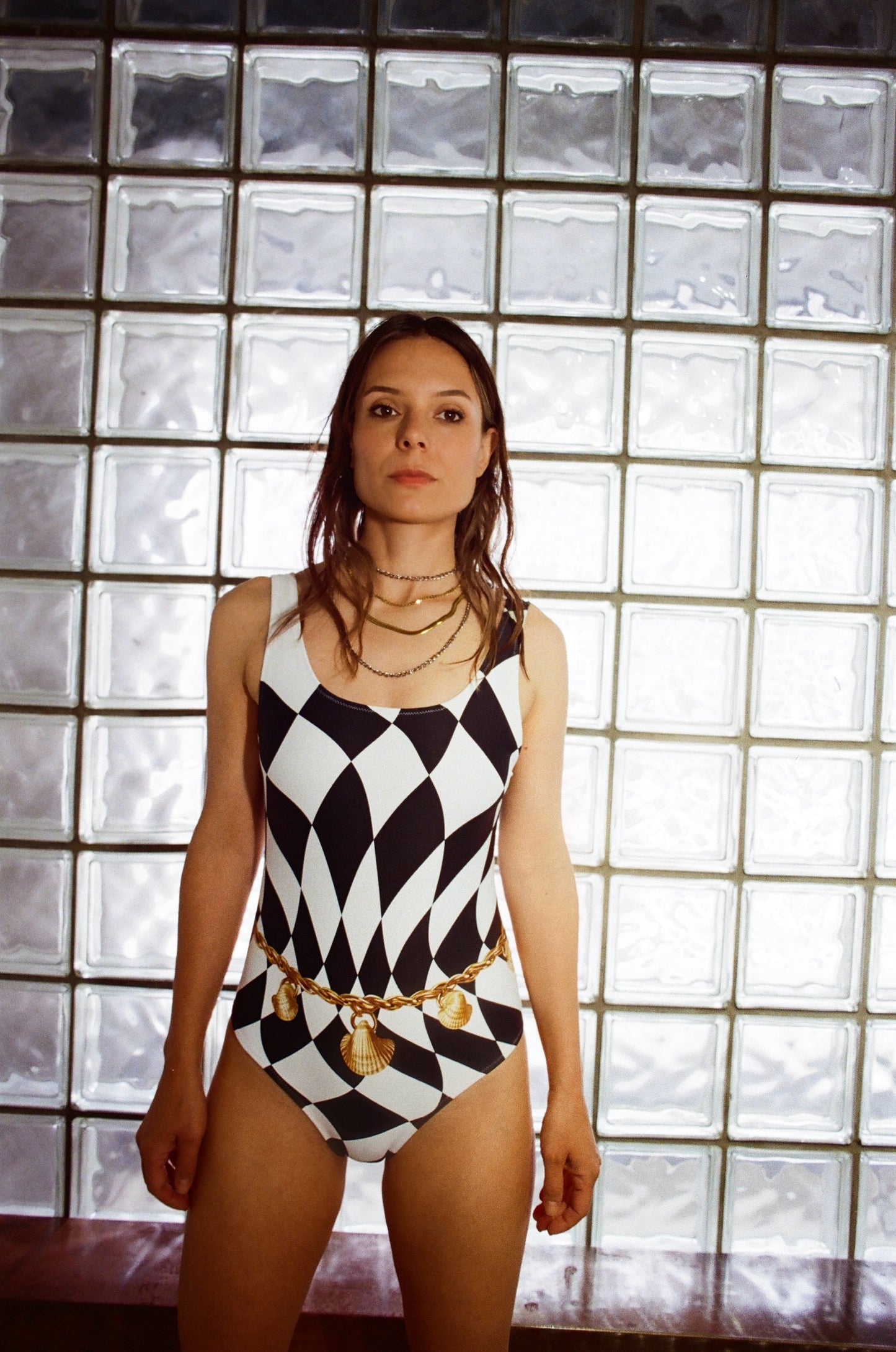 Belly Chain Harlequin Black White - One Piece Swimsuit