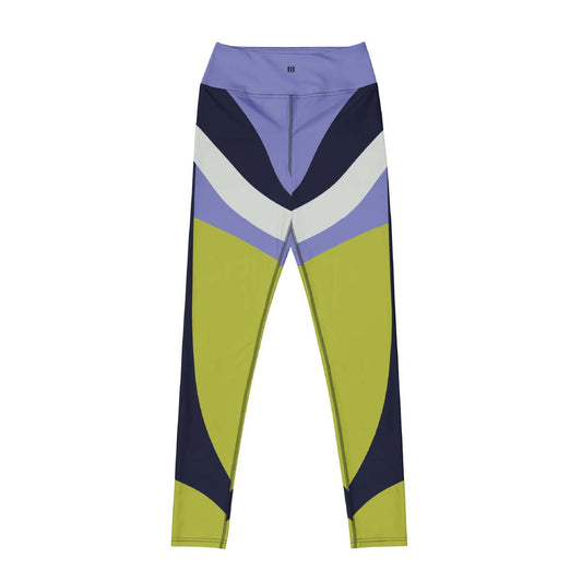 Front Image: Jogger leggings front view with lilac, navy, and lime V-shaped color blocking – Pjerino