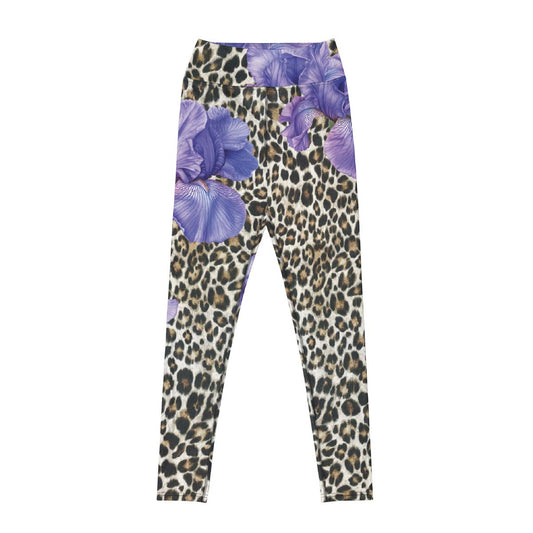 Leggings with leopard print and purple floral pattern on a white background