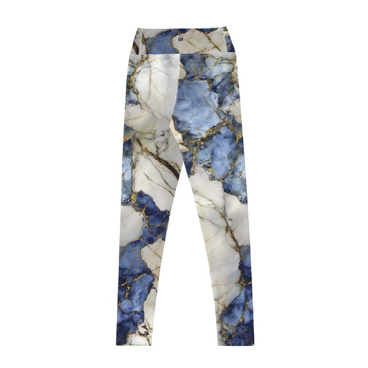 Blue marble leggings front view with white and gold veining on sculpting high-waist fit – Pjerino