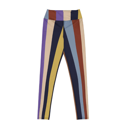Retro striped leggings front view in navy, mustard, and rust tones with high-waist sculpting fit – Pjerino