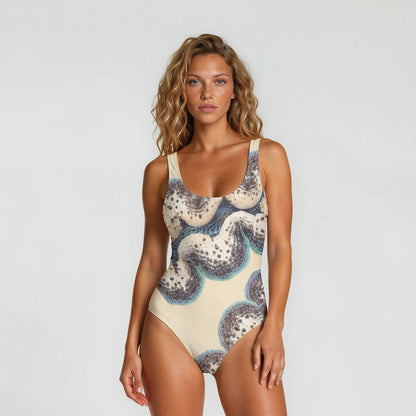 Woman wearing a patterned swimsuit on a white background