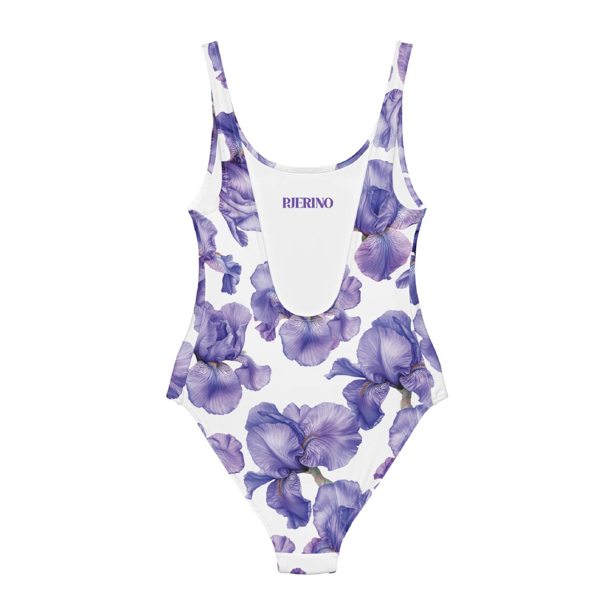 One-piece swimsuit with purple floral pattern on a white background