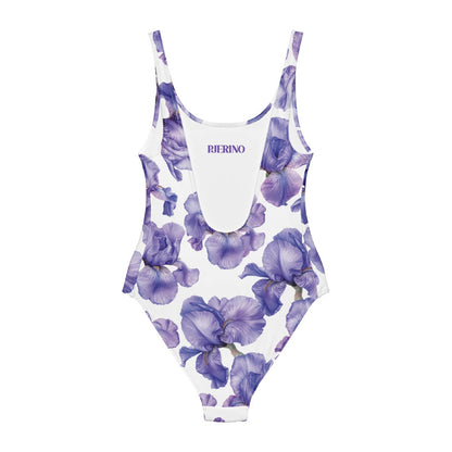 One-piece swimsuit with purple floral pattern on a white background