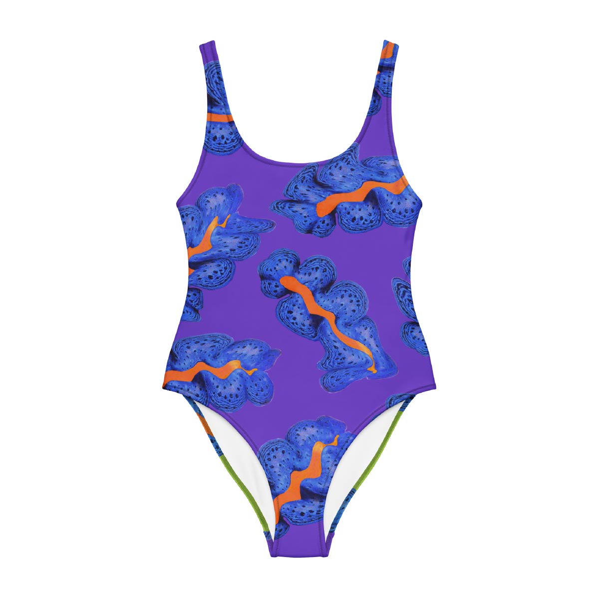 Purple swimsuit with blue and orange patterns on a white background