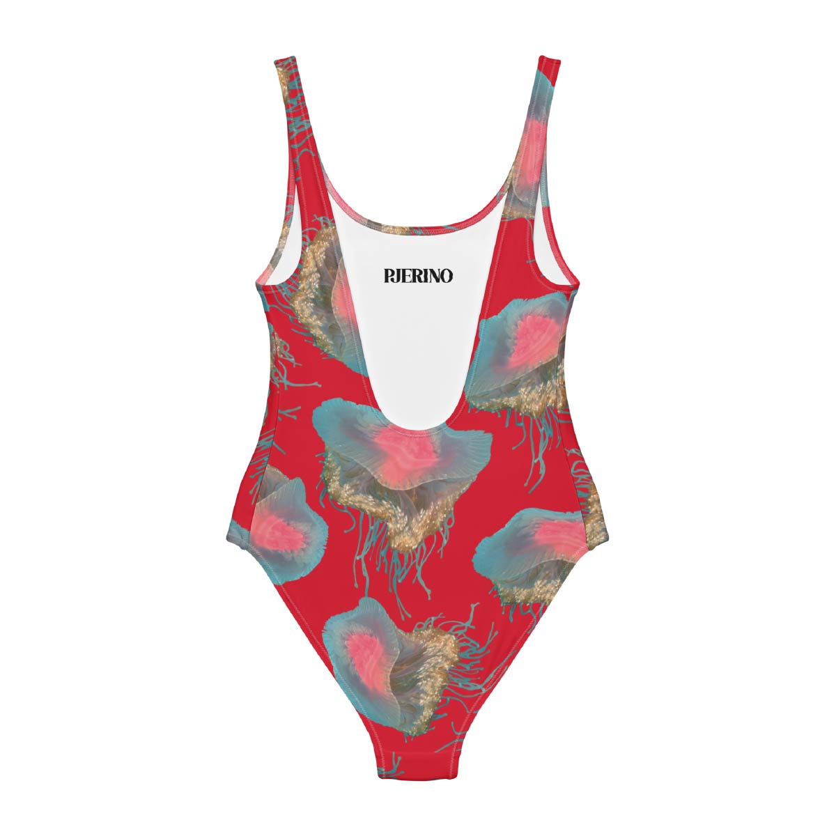 Red swimsuit with jellyfish pattern on a white background, featuring the brand 'Rierino'.