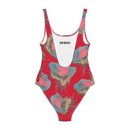 Red swimsuit with jellyfish pattern on a white background, featuring the brand 'Rierino'.