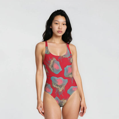 Woman wearing a red patterned swimsuit on a white background