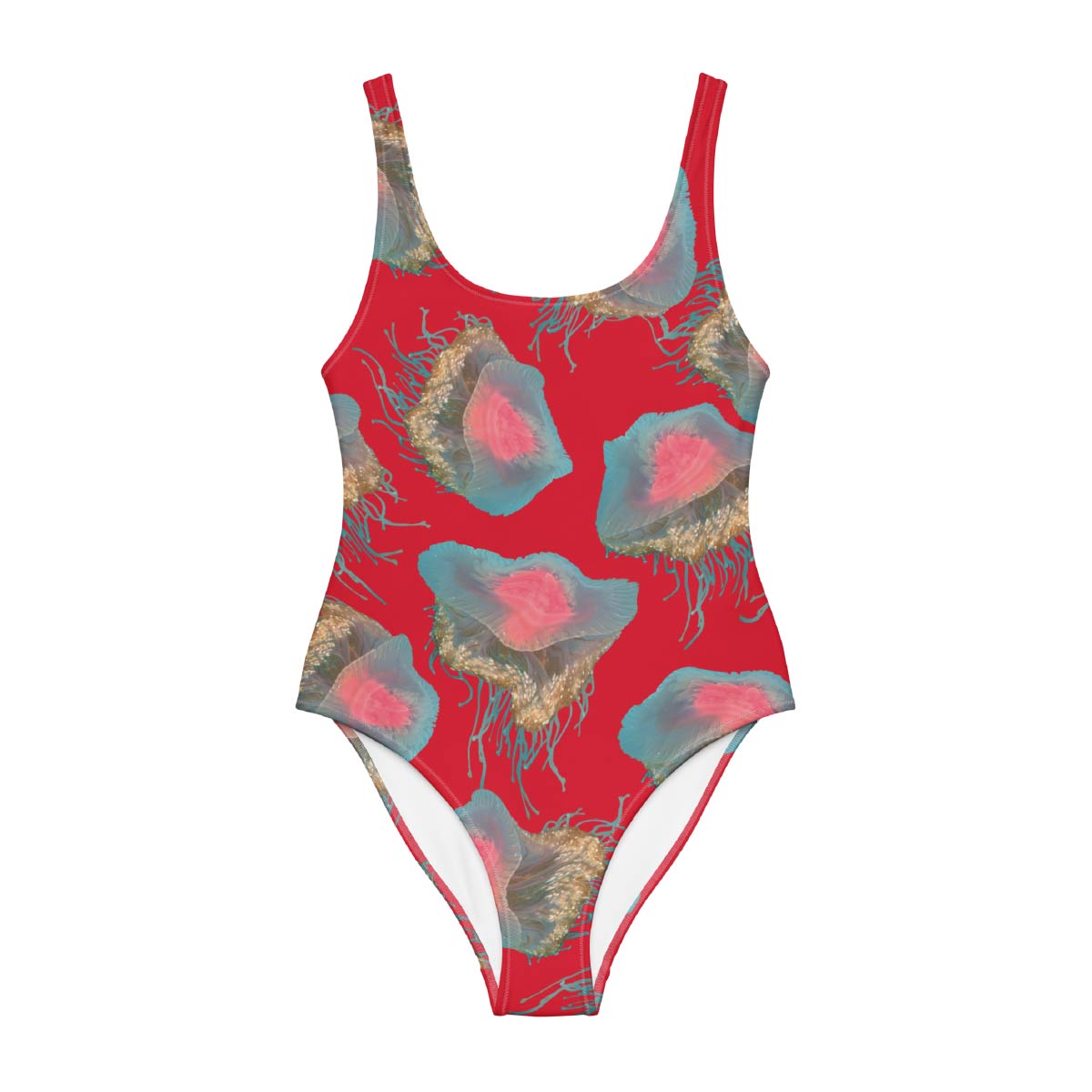 One-piece swimsuit with jellyfish pattern on a red background