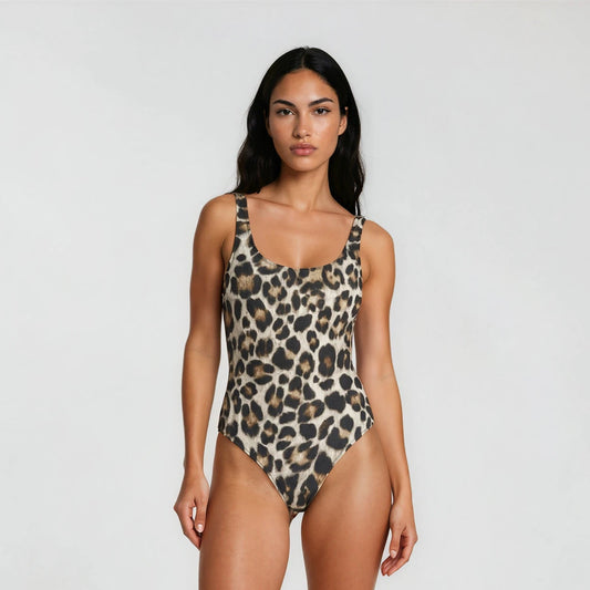 Woman wearing a leopard print swimsuit on a white background