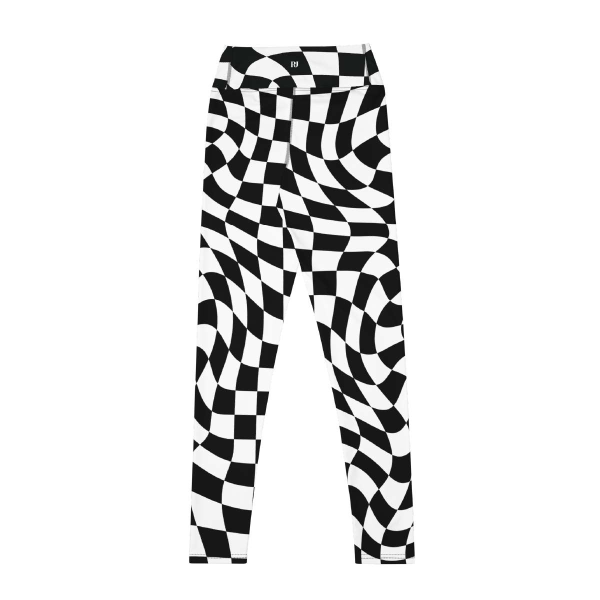 Distorted checkered leggings back view in black and white with sculpting high-waist design – Pjerino