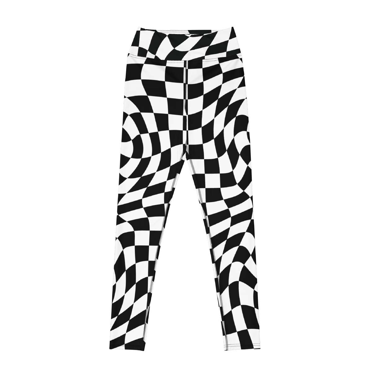 Distorted checkered leggings front view in black and white with sculpting high-waist fit – Pjerino
