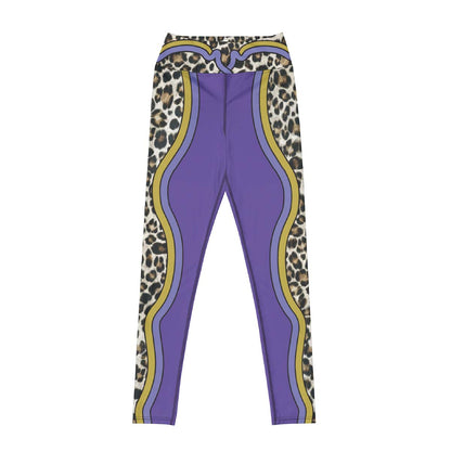 PBack view purple leggings with leopard print patterns 