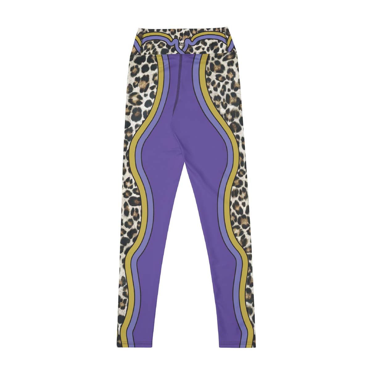 Front view Purple leggings with leopard print and gold accents 