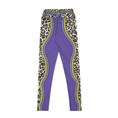 Front view Purple leggings with leopard print and gold accents 