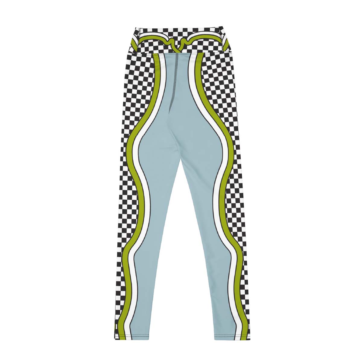 Light blue leggings with checkered side panels and green wavy patterns on a back view