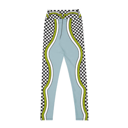 Light blue leggings with checkered side panels and green wavy patterns on a back view