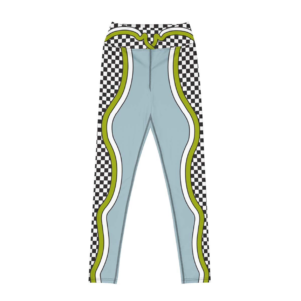 Leggings with checkered pattern and wavy green and white design front view