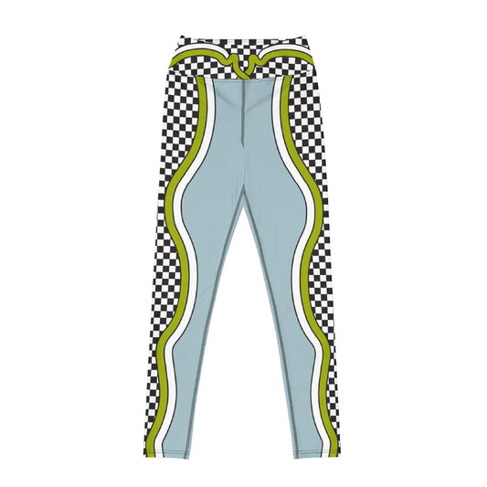 Leggings with checkered pattern and wavy green and white design front view