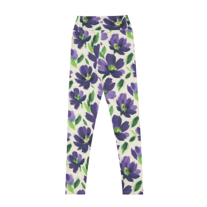 Leggings with purple floral pattern on a white background - back view