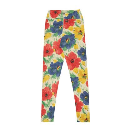 Colorful floral leggings on a white background back view