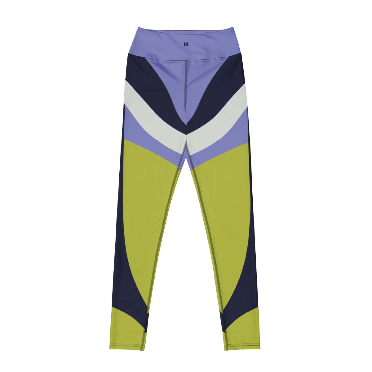 Front Image: Jogger leggings front view with lilac, navy, and lime V-shaped color blocking – Pjerino