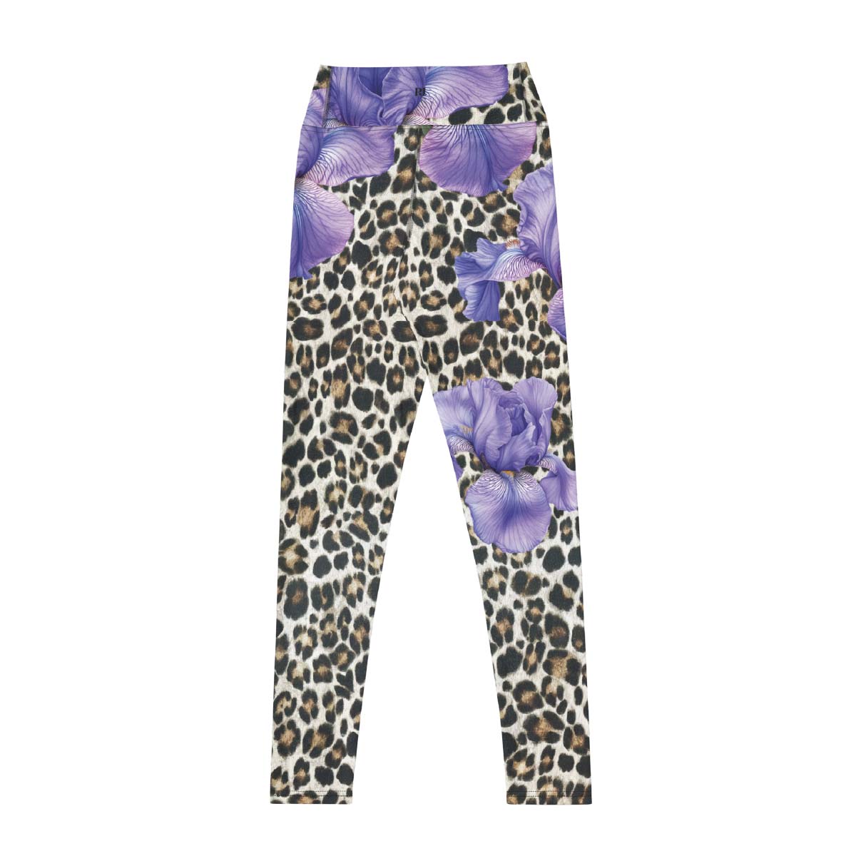 Leggings with leopard print and purple floral pattern on a white background