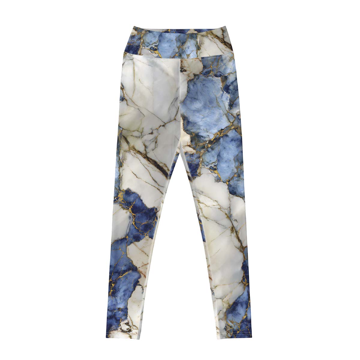 Back Image: Blue marble leggings back view with blue and white stone-inspired print and high-waist design – Pjerino