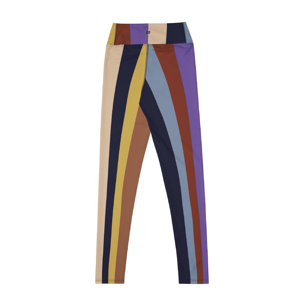 Striped leggings back view with vertical retro stripes in beige, blue, and lilac shades, sculpting high-waist fit – Pjerino