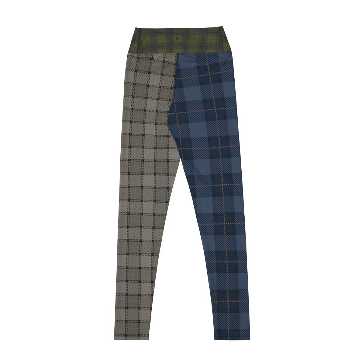 Tartan leggings back view with classic plaid design in navy and taupe tones, high-waist sculpting fit – Pjerino