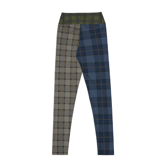 Tartan leggings back view with classic plaid design in navy and taupe tones, high-waist sculpting fit – Pjerino
