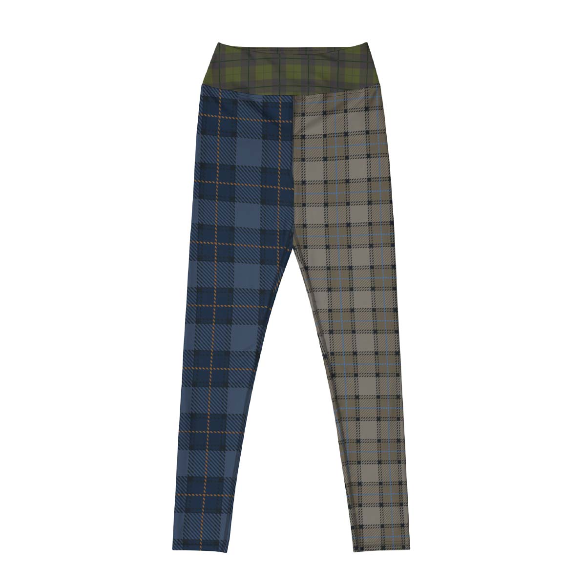 Tartan leggings front view with navy and taupe plaid panels, sculpting high-waist fit – Pjerino