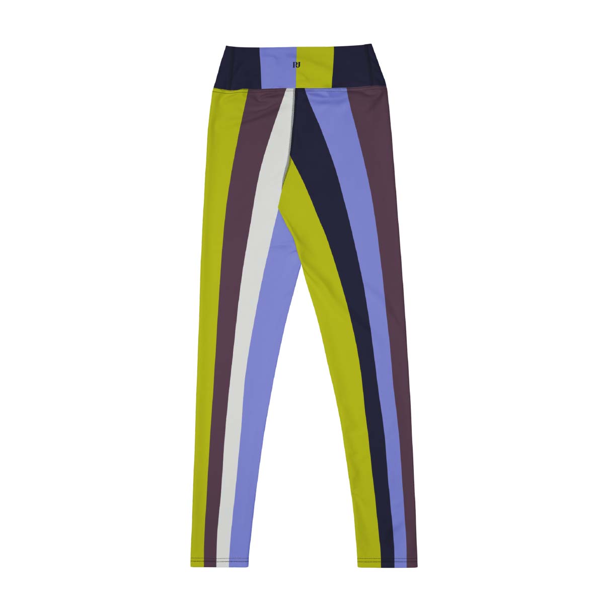 Vertical striped leggings back view with olive, purple, and blue tones in high-waist sculpting fit – Pjerino