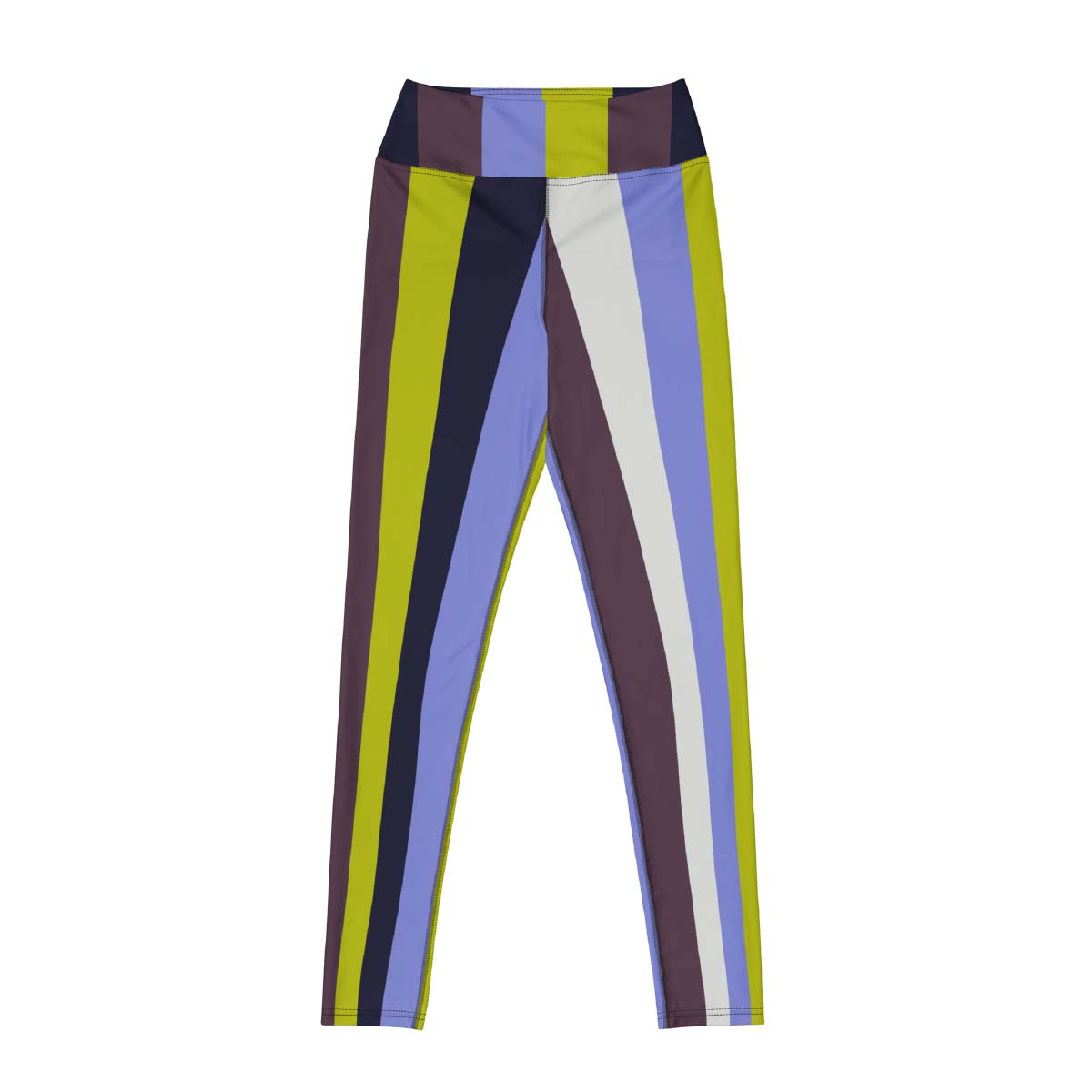 Vertical striped leggings front view with olive, purple, and blue tones in sculpting high-waist fit – Pjerino