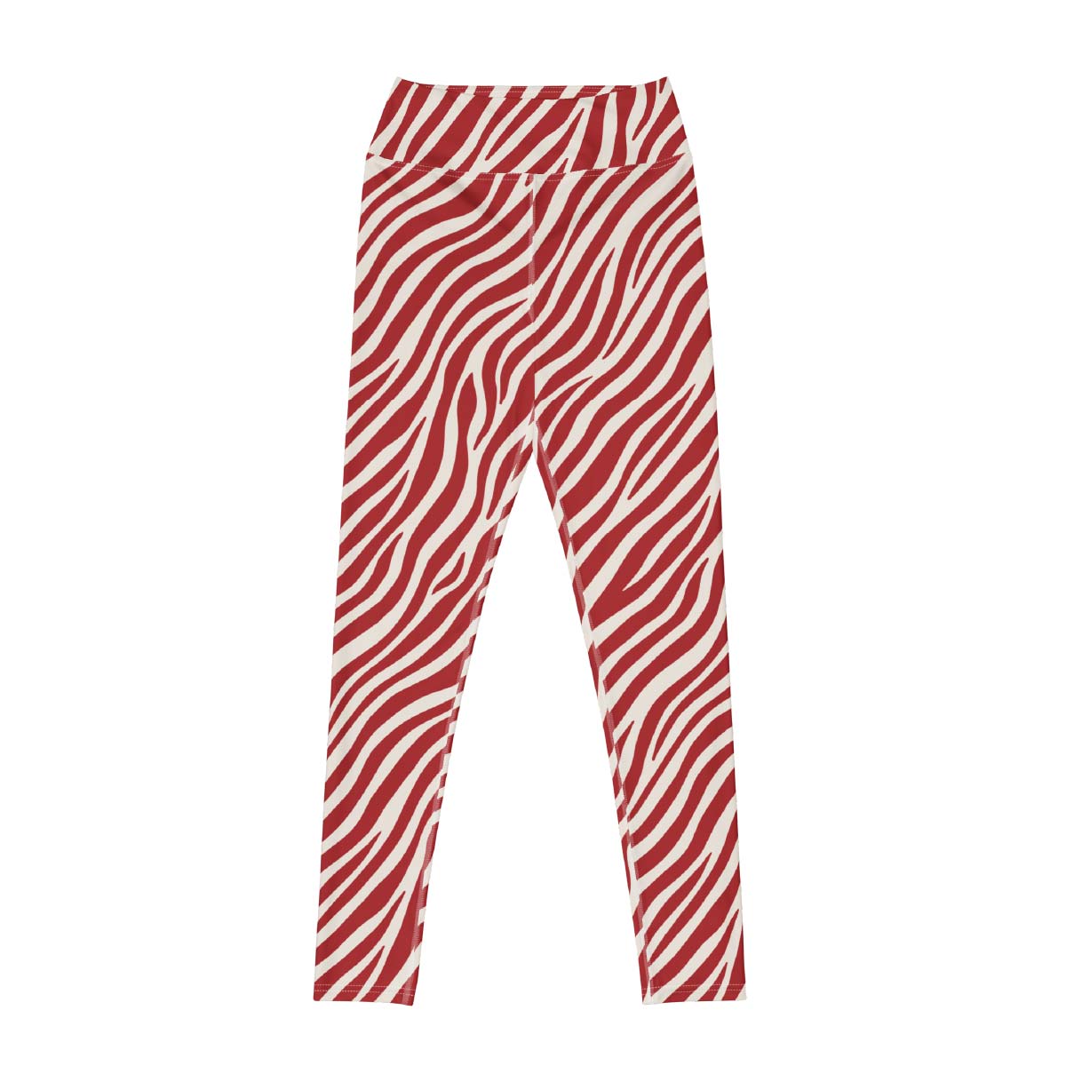 zebra leggings front view with red and cream print and flattering fit