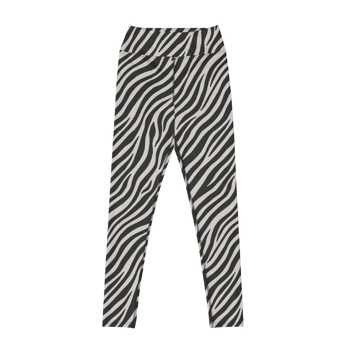 zebra print leggings front view with black and white pattern and flattering fit