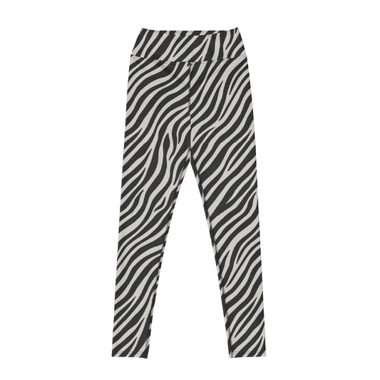 zebra print leggings front view with black and white pattern and flattering fit